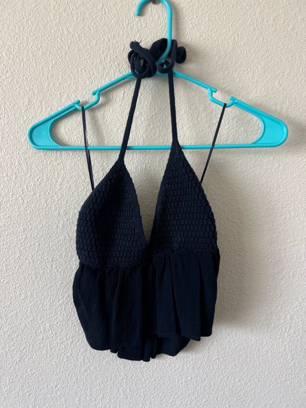 Garage Black Crochet Halter Top with Flounce Hem